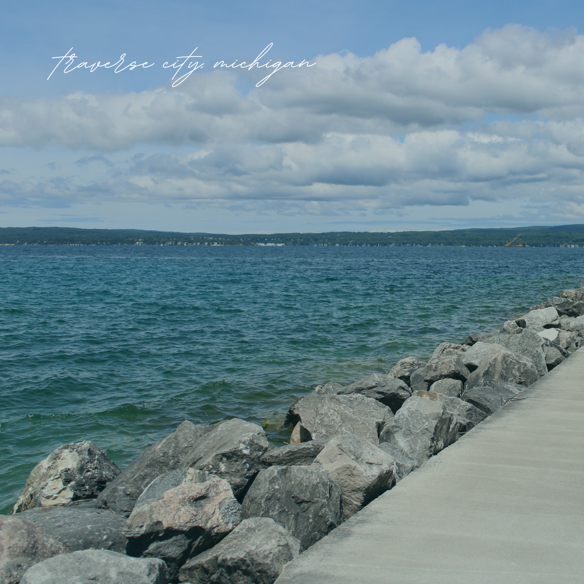 Rocky shoreline and lake view in Traverse City, Michigan